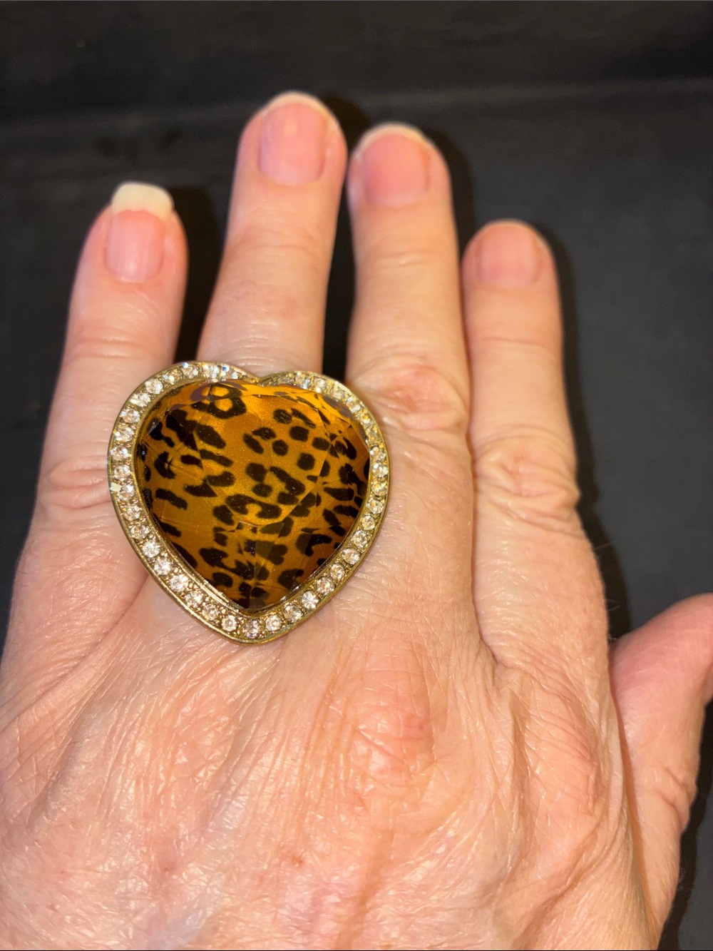 Heart Leopard Print Statement Stretch Ring in Gold Tone